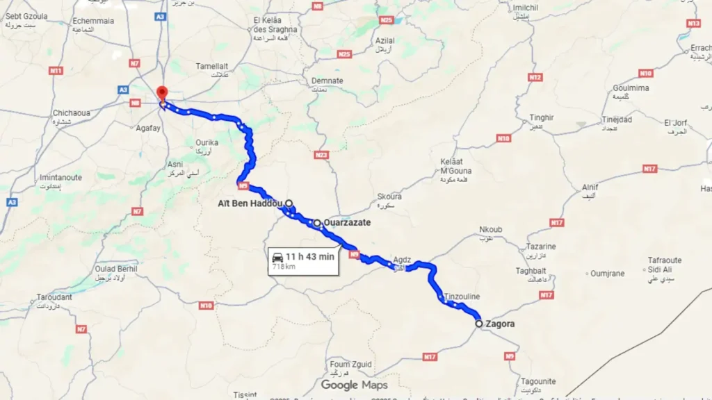 2 days tour from Marrakech to Zagora 4 Google Maps route showing the journey from Marrakech to Zagora through the High Atlas Mountains, highlighting the 2 days tour from Marrakech to Zagora.