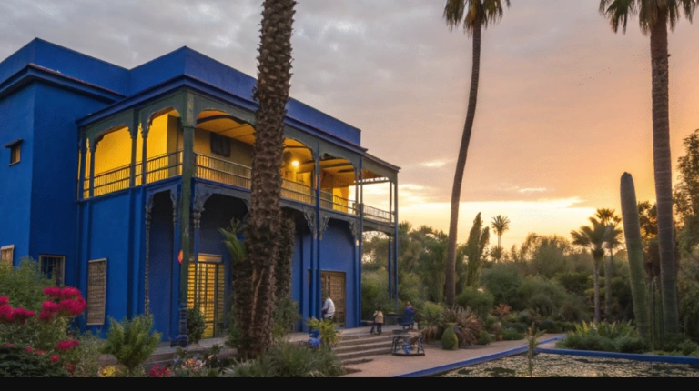 Lush botanical garden features cobalt blue buildings, exotic plants, shaded pathways, and tranquil water features under bright Marrakech sunlight.