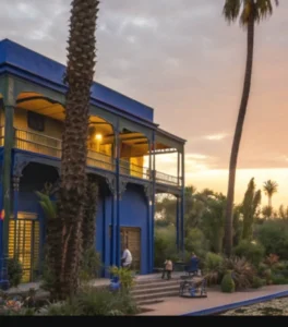 Lush botanical garden features cobalt blue buildings, exotic plants, shaded pathways, and tranquil water features under bright Marrakech sunlight.