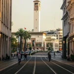 Casablanca tram street with clock tower