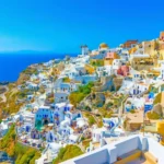 Oia village Santorini Greece with blue sea