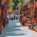 Colorful Moroccan souk market alley