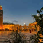 Hassan II Mosque illuminated at twilight