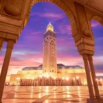 Hassan II Mosque dramatic sunset view